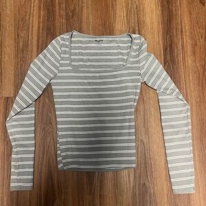 Hollister Gray and White Striped Long Sleeve Tee